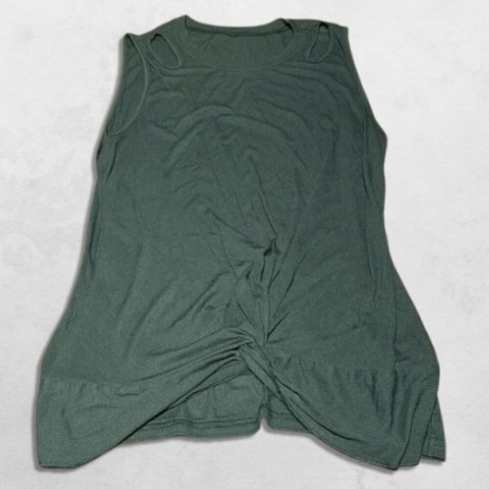 Ribbed Tank Top Front Knot Twist Lightweight Stretchy Cut-out Shoulder Green M